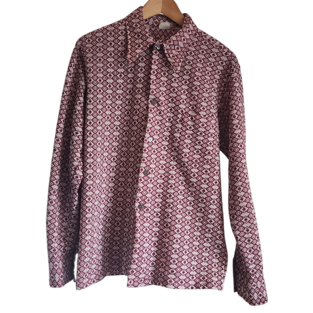 Vtg‎ Don Loper Men's Burgundy and White Geometric Pattern Shirt Size L